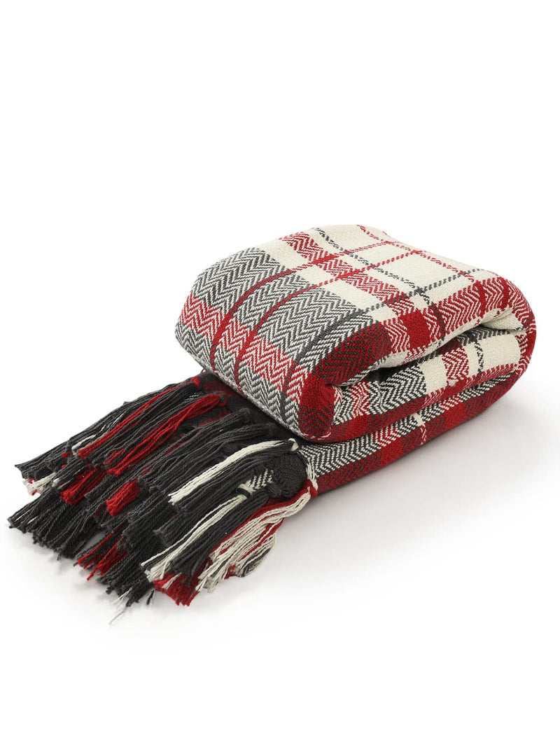 SASHAA WORLD Check Throw Blanket | Throw for Sofa, Bed, Chair and Couch | Red and Black Throw | 160 x 130 cm