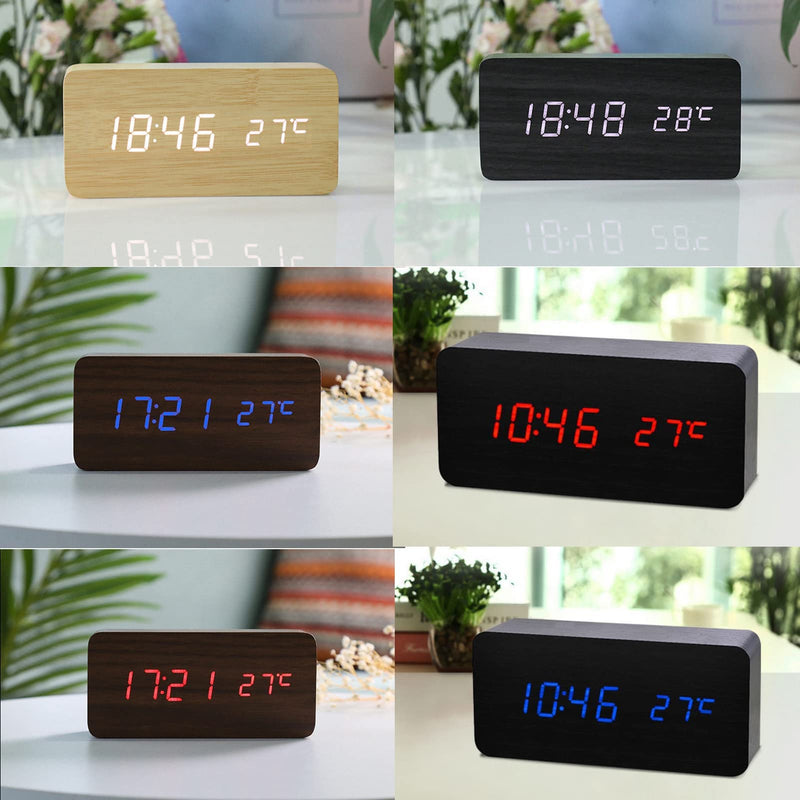 ThreeH Desk Wooden Alarm Clock Digital Adjustable Brightness 3 Set of Alarm and Voice Control Large Display Time Temperature Date USB or Battery Powered-AC11 Black, White-7W x 15H Cm