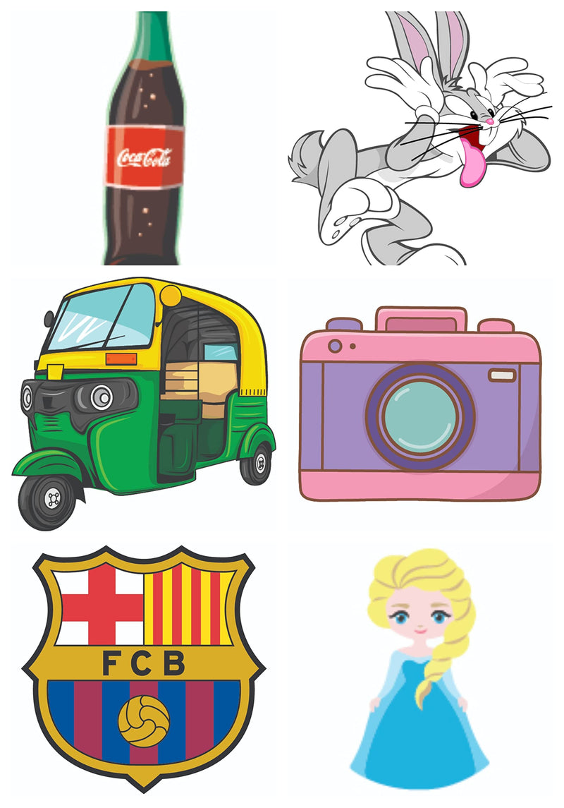 Bhai Please Coke, Looney Tunes, Auto, Pink Camera, FC Barcelona and Elsa Wooden Fridge Magnet (Pack of 6) (one Piece Each Design)