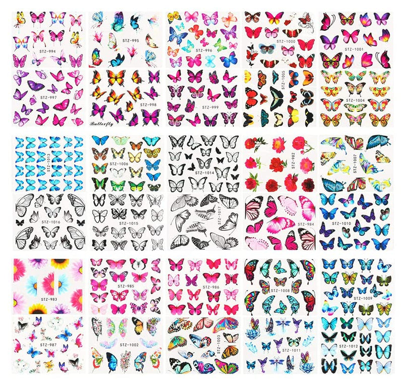 FAMEZA 12 Sheets Butterfly Nail Art Stickers Nail Art Water Transfer Sticker with Butterfly Flower Patterns Manicure Tips，Nail Tips DIY Toenails Nail Art Decorations Accessories Decals