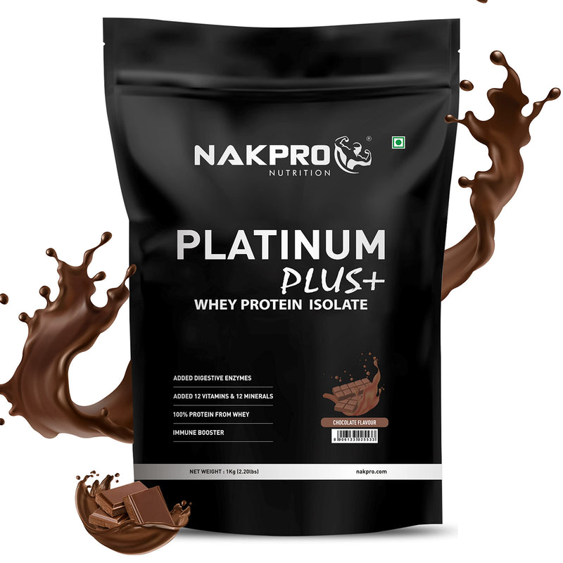 NAKPRO Platinum Plus+ Whey Protein Isolate with Digestive Enzymes | 28g Protein, 6.36g BCAA | Added Vitamins & Minerals (Chocolate, 1 Kg)