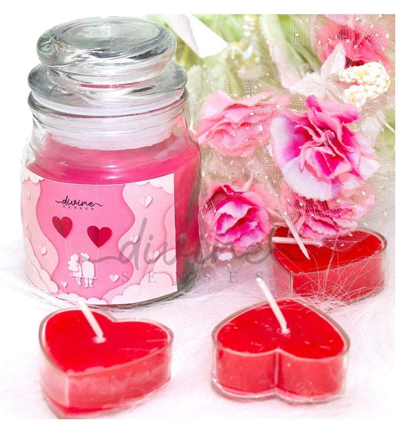 Divine Senses Gift for Someone You Love. Heart Candles (Pack of 16) & Rose Jar Candle | Rose Scented Romantic Candles for/Anniversary/Birthday (Red)