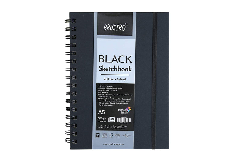 Brustro Black Sketchbook, Wiro Bound, Size A5, 200GSM (40 Sheets) 80 Pages