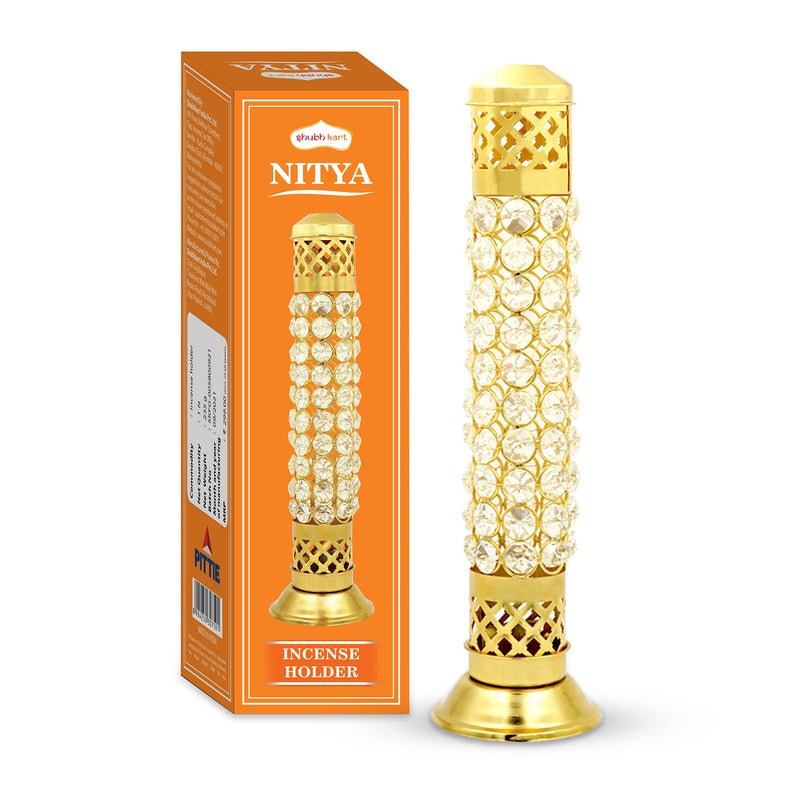 Shubhkart Nitya Brass Crystal Incense Holder with Ash Catcher | Agarbatti Holder | Brass Incense Burner for Home Office Diwali Puja Gifts Decor (11.6 Inch Height) - 235 GMS