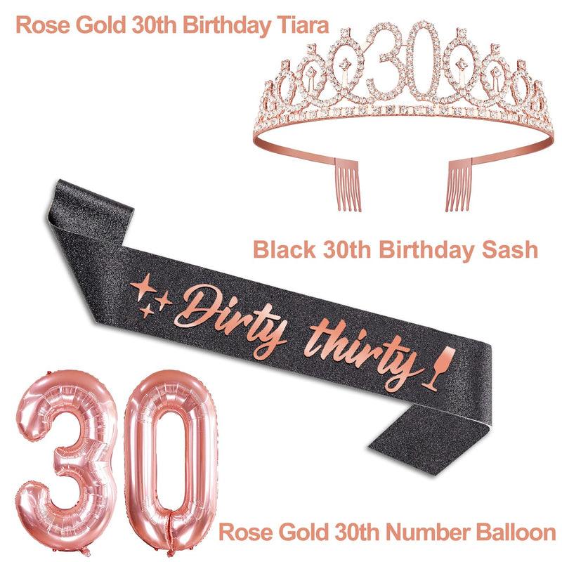 30th Birthday Decorations for Women Black Rose Gold with Glittery Black Dirty 30 Birthday Sash and 30 Tiara, Rose Gold 30th Birthday Candles, Cake Topper and Number 30th Birthday Balloons