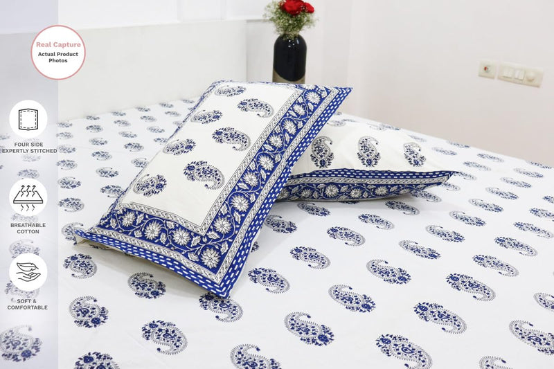 theindiglobal Handprinted Cotton bedsheet for Double Bed with 2 Reversible Pillow Covers, 90 X 100 Inches, Double Bedsheet, 210 Threadcount, Paisley, Blue