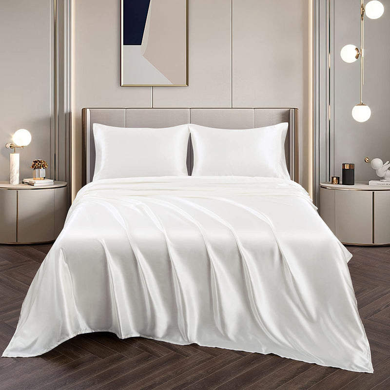 Vonty Satin Sheets California King Silky Soft Satin Bed Sheets Ivory White Satin Sheet Set, 1 Deep Pocket + 1 Fitted Sheet + 1 Flat Sheet + 2 Pillowcases