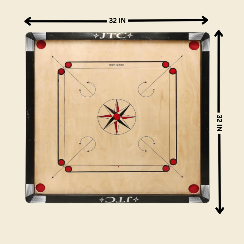 JTC Carrom Board 32 Inch Full Size Matte Finish for Kids Men Women Adults Serious Professional with Coins, Striker and Powder Made of Assam Plywood Carrom Board Best Smooth Board