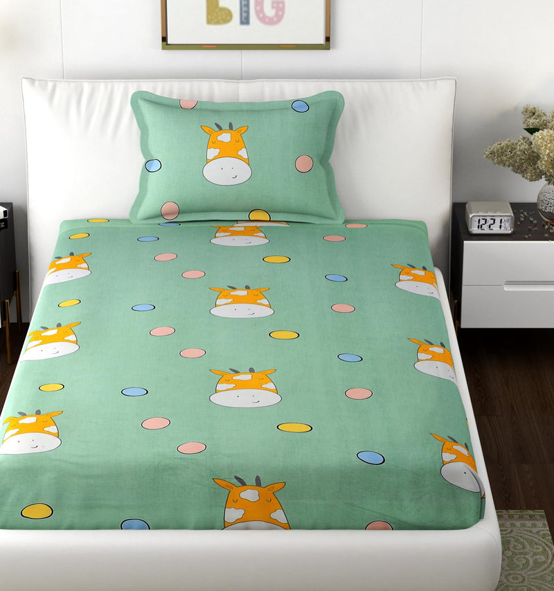 RRB Textile Super Soft Skin Friendly Animal Design for Kids Room Single Bedsheet with 1 Pillow Cover-Green-60 * 90 Inches, 152 cm x 225 cm, Olive Green