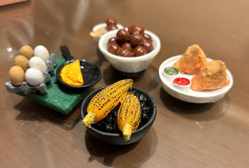 Bumbleberry Corn, Jamun, Samosa and Egg Tray Miniature 3D Food Fridge Magnet | Set of 4 | Kitchen Decor | Handmade in India | 3D Fridge Magnets | Best for Gifting