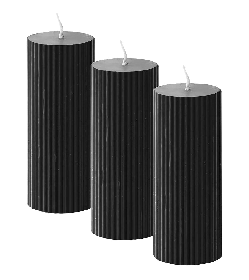 atorakushon Soy Wax Set of 3 Black Long Ribbed Pillar Candles Aroma Scented 2''x5''Inches Candle Valentine Gift Home Party Decoration Wedding Spa X-Mass