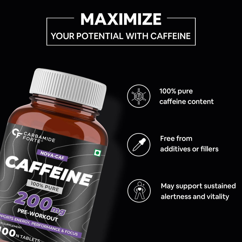 Carbamide Forte Caffeine 200mg Tablets for Men & Women |Pre-Workout Supplement - 100 Veg Tablets