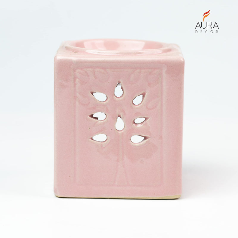 AuraDecor Handcrafted Small Ceramic Burner Square Shape with 1 T-Light Candle for Home Decorations (Pink)