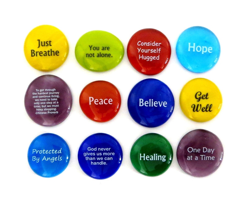 Comfort Stones,12 Encouraging and Comforting Sayings On Glass Stones For Anyone Facing a Challenge Or Illness. By Lifeforce Glass.