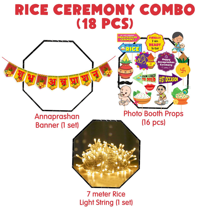 Zyozique ® Annaprasanam Photo Booth Props with Annaprasanam Bunting Banner Hindi Font Shubh Annaprashan | Rice Ceremony Decorations Items (Pack of 18)