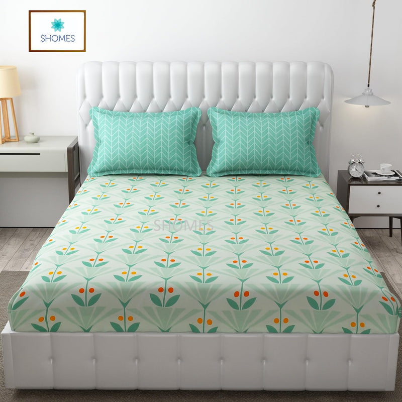 SHOMES All Around Elastic Fitted King Size Double Bed Bedsheet with 2 Large Pillow Covers Fits Upto Mattress of 8 Inches,Size - 72 x 78 x 8 Inches- Floral, Green Multi