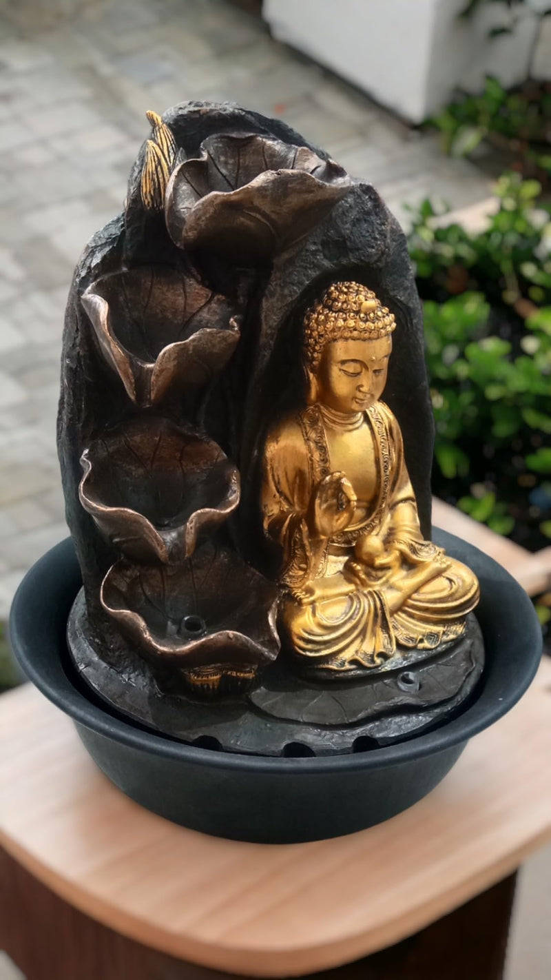 Buddha Statue Fountain, Tabletop Water Garden Zen Fountain, Indoor Water Fountain with LED Lights Fengshui Meditation Fountain with Water Pump for Home Decoration.