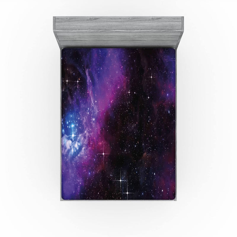 Ambesonne Space Fitted Sheet, Nebula Dark Galaxy Luminous Stars and Cosmic Rays Astronomy Explore Theme, Bed Cover with All-Round Elastic Deep Pocket for Comfort, King Size, Purple Blue