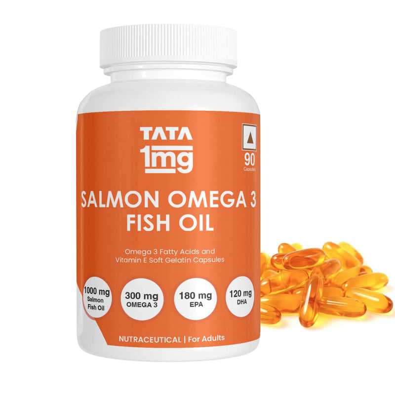 TATA 1mg Salmon Omega 3 Fish Oil 1000mg, Fish Oil Capsule with Omega-3 (1000mg), EPA (180mg) & DHA (120mg) for Brain, Heart, Joints Health (Pack Of 90 Capsules)