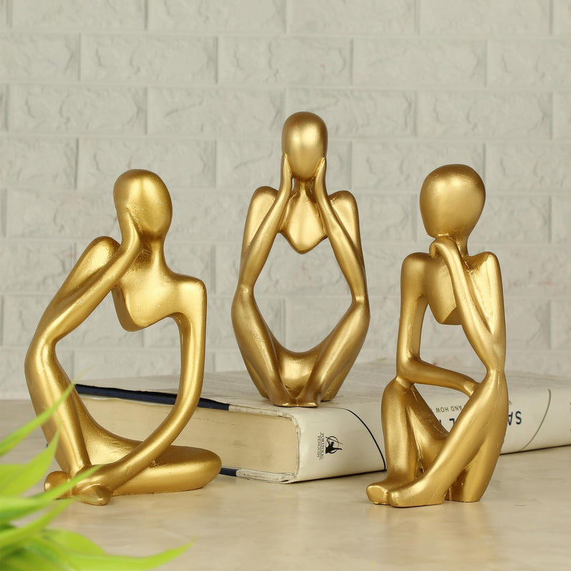 TIED RIBBONS Resin Decorative Abstract Thinker Men Statue Set Of 3 Modern Art Showpiece Sculpture (Gold, 13 Cm X 6 Cm) Decoration Items For Home Decor Living Room Bedroom Bookshelf Table Office