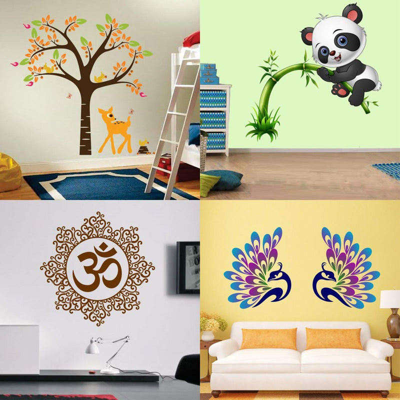 Walltech Combo of 4 Wall Sticker Cute Panda on Tree-(90 x 95 cms)|Decorative Peacock Feather-(60 x 120 cms)|Designer om-(50 x 50 cms)|Elegant Orange Deer and Tree-(92 x 93 cms)-Material Vinyl