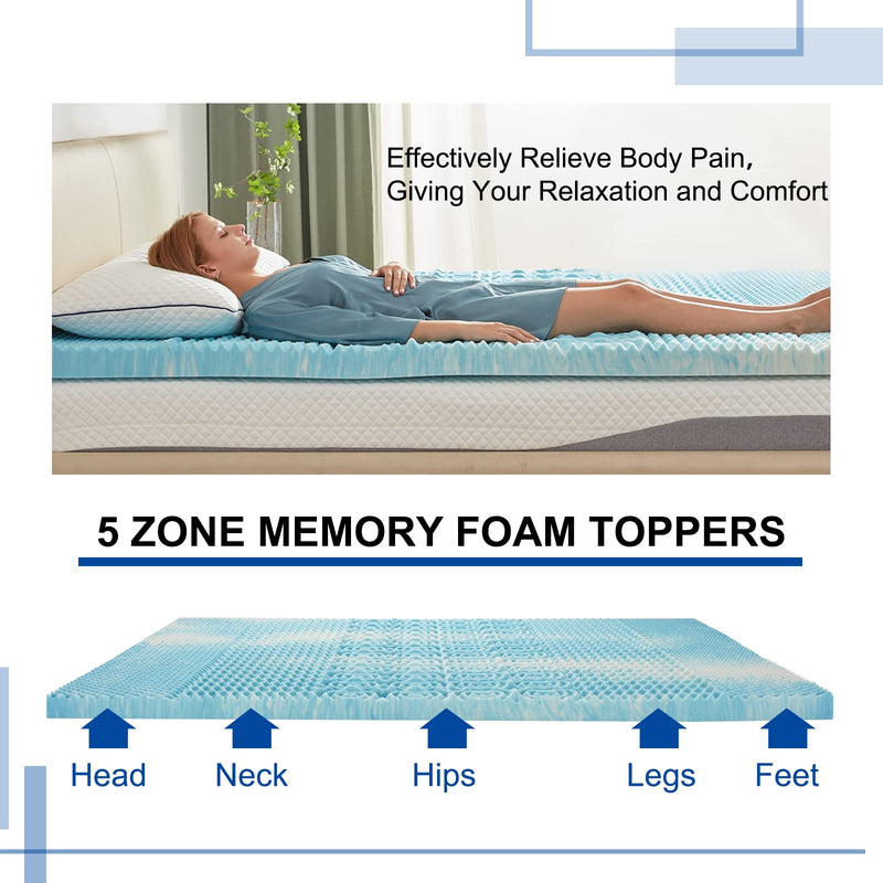 SINWEEK 2 Inch Mattress Topper 5-Zone Memory Foam Mattress Topper Pressure Relieve Soft Mattress Pad, CertiPUR-US Certified, Full Size Blue