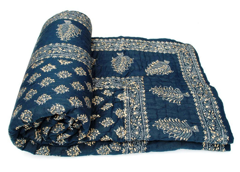 SVT Traditional Famous Jaipuri Beautiful Floral Print in White and Blue Jaipuri Rajai/Razai/Quilt Twin Size/Twin Size Bed Quilt/Comforter/AC Quilt/AC Comforter, Cotton, Lightweight, Pack of 1