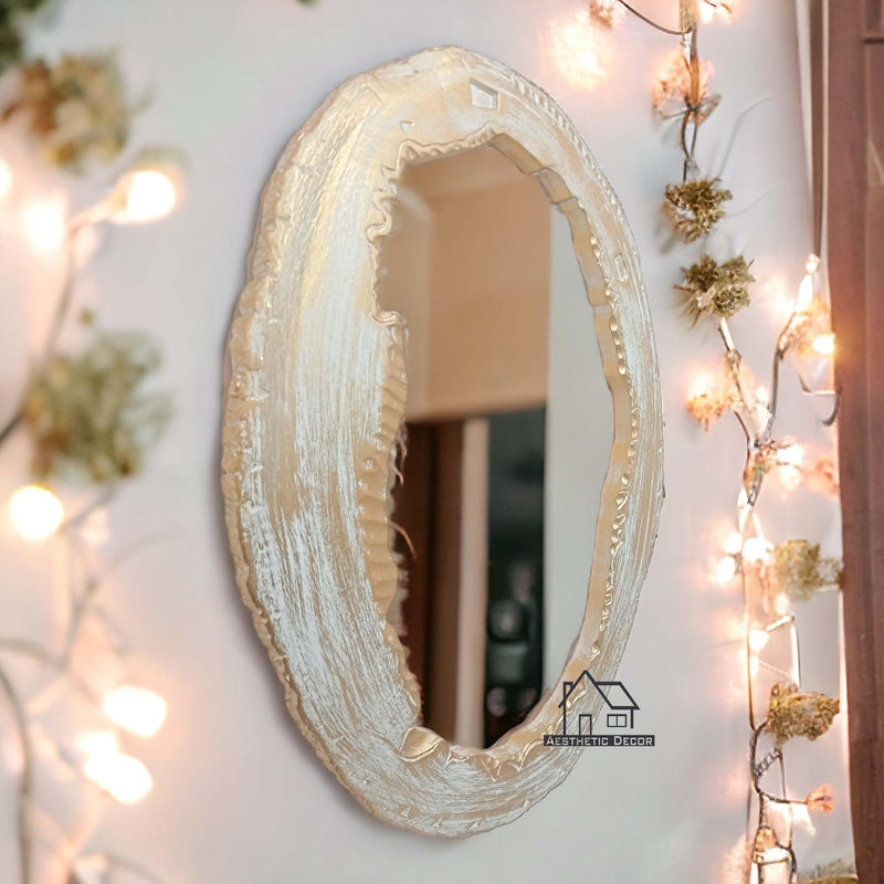 AESTHETIC DECOR Wooden Antique Handcrafted Mirror Frame with Live Edge Oval Shape Wall Mount for Makeup and Dressing (24"x18") Inches (White Gold)