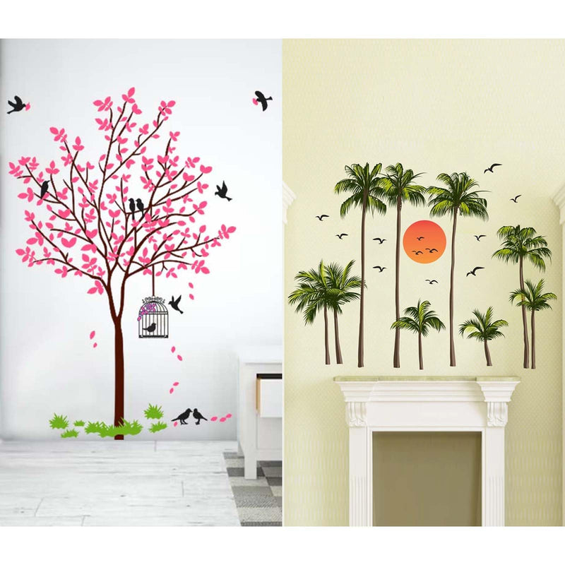 WALLBOOK Set of 2 Wall Stickers Pink Tree with Bird and Nest | Coconut Trees with Sun for Home, Hall, Bedroom, Livingroom & Kitchen