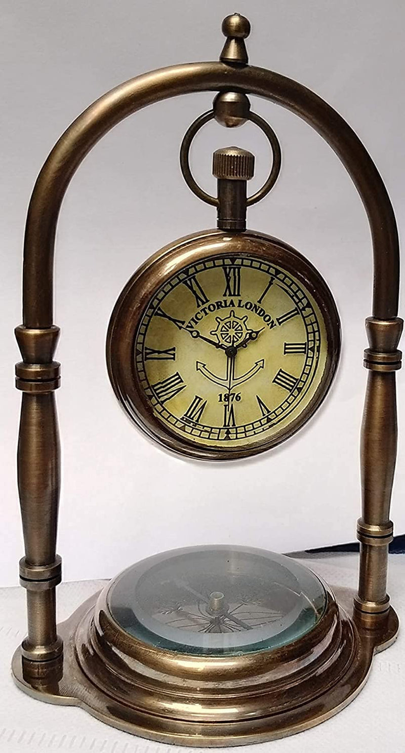 MONU Handmade Antiques Era Brass Nautical Victoria Desk Clock/Table Top Clock, with Direction Compass (Brown) Home & Office Decor