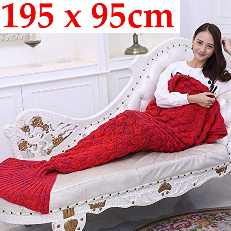 BonZeal Pack of 1 Woollen Knitted Warm Winter Red Large Mermaid Fish Tail Blanket 195 x 95cm for Crochet Couch Sofa