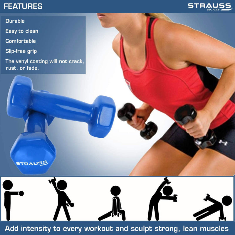 Strauss Vinyl Dumbbell Set for Men & Women |Ideal Home & Gym Workout |Non-Slip Grip, Compact & Portable | Fitness Gym Equipment for Strength Training, Bodybuilding, & Aerobics|1Kg Each, 2Kg Pair,(Blue)