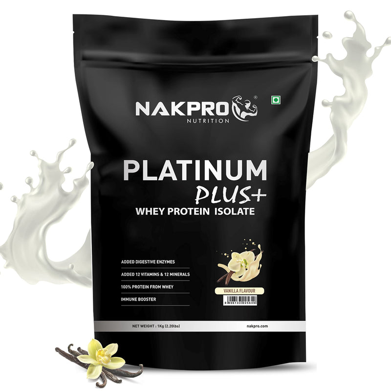 NAKPRO Platinum Plus+ Whey Protein Isolate with Digestive Enzymes | 28g Protein, 6.36g BCAA |Added Vitamins & Minerals (Vanilla, 1 Kg)