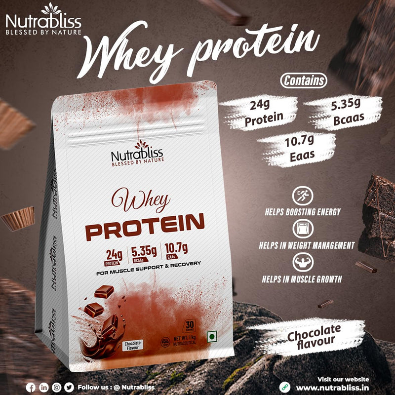 Nutrabliss Premium Pure Whey Protein Concentrated blended with digestive enzymes and probiotics | 100% tested and guaranteed Whey Protein - 24 Gram Protein per serving (Chocolate, 1 Kg)