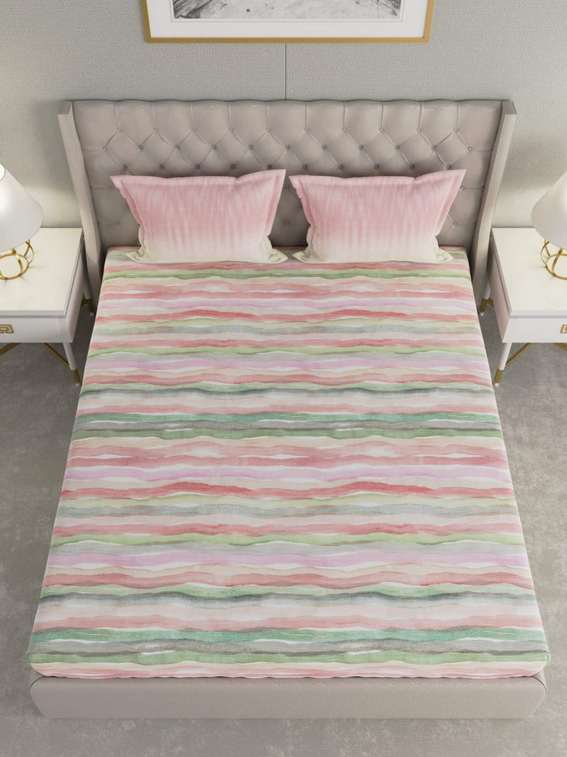 GM Striped 144 TC Pink & Green Printed Cotton Bedsheet with 2 Pillow Covers - Queen