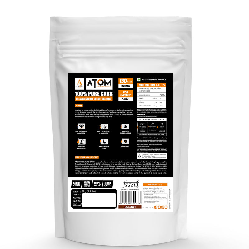 AS-IT-IS ATOM 100% Pure Carb 1kg | For Faster Weight Gains | Reliable Source of Fast Calories |130 Kcal Energy | Hazelnut Flavor