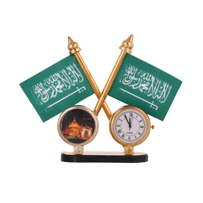 KhwajaDarbar Islamic Muslim Table Desk Clock - Ajmer Sharif Dargah Design With Holy First Kalma Printed Green Flags