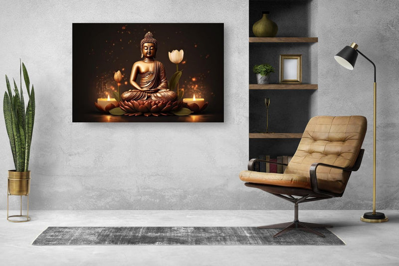 WALLMAX Wood Premium Lord Buddha Canvas Wall Art Painting For Home Living Room|Wall Decor Arts Set Of 1-(Large-32' Inch X 21' Inch), With Frame