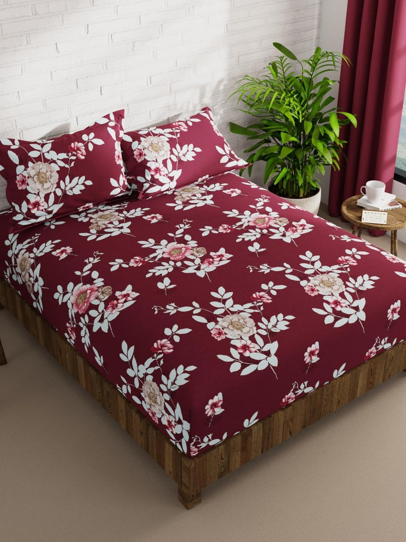 KOPA Extra Smooth Micro Double Bedsheet with 2 Pillow Covers -3pc Set (la-Vogue) | Extra Smooth Cotton Feel - Glace Cotton | 1 Bedsheet with 2 King Size Pillow Covers Floral-Wine