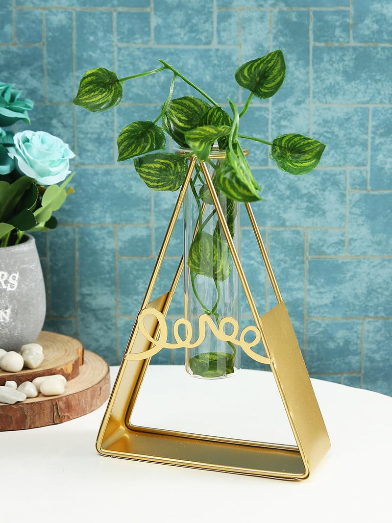 TIED RIBBONS 1 Pcs Propagation Station with Metal holder Glass Test Tube Vase Pot for Flower Plants Home Decor Office Living Room Bedroom Table Balcony Decoration Items (Gold, 20.3 cm x 15.2 cm)