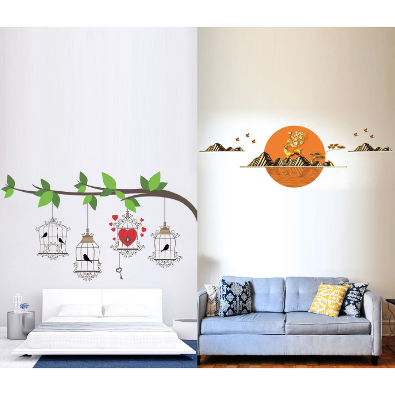 MERICAL Set of 2 Wall Stickers Birdcase with Key | Golden Deer with Birds for Home, Hall, Bedroom, Livingroom & Kitchen