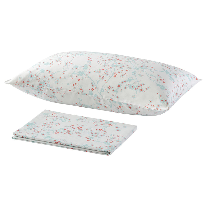 Ikea Flat Sheet and Pillowcase (Cherry Blossom Branch / White / Green, 150 x 260 / 50 x 80 cm)(Cotton)