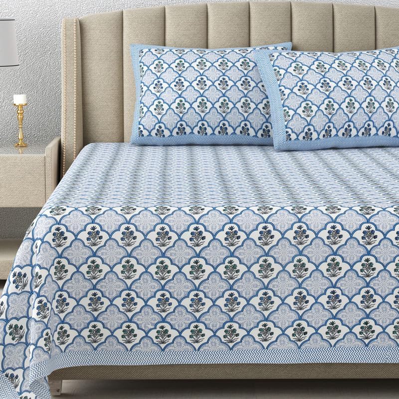 elanorhomes Hand Block Printed 240TC 100% Cotton Double King Size Bedsheet | 93 x108 Inches | 2 Pillow Covers (Blue Blossom)