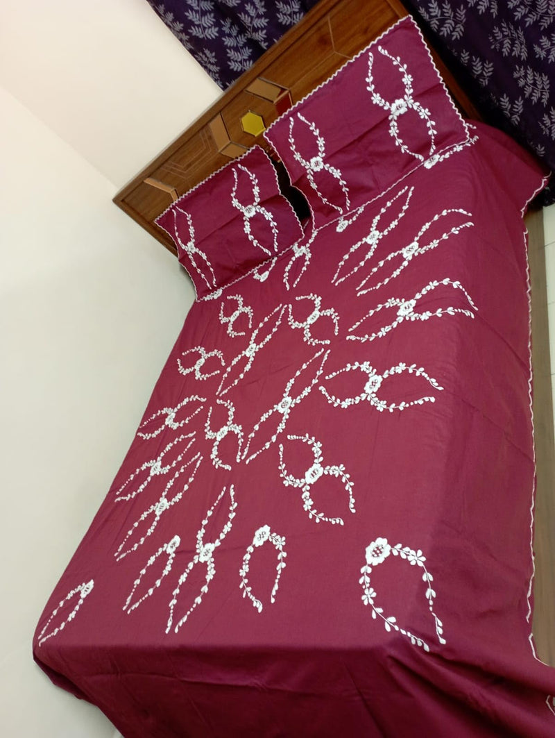 Nice Things Queen Size Double Bed Handwork Embroidery Bedsheets 200 Thread Count Maroon 01