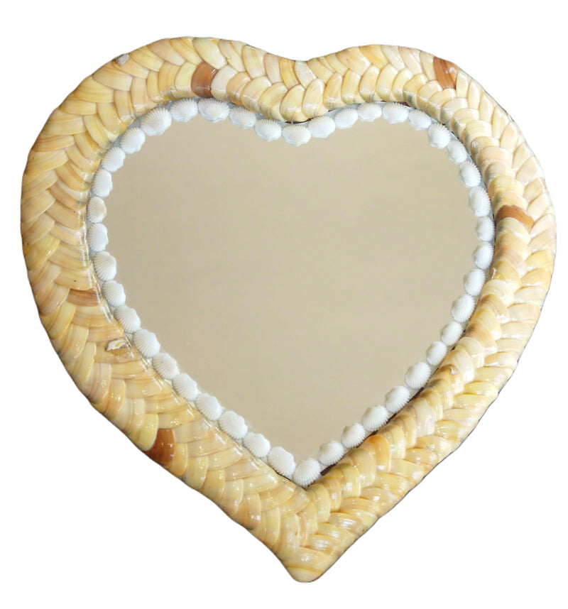 ZENRISE Decorative designer seashell handicraft heart shape framed wall mirror, 33 cm, Beige