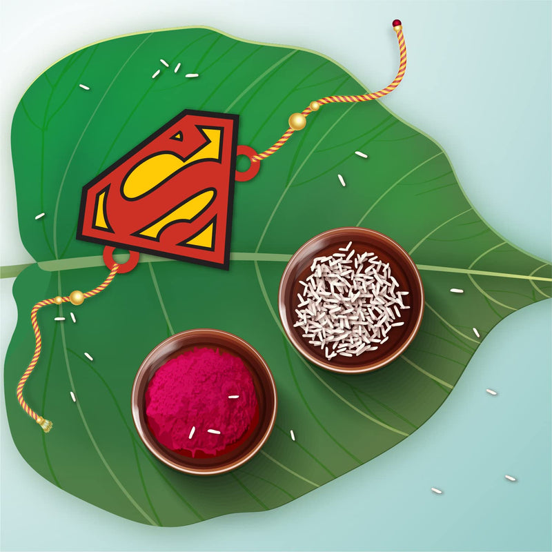 Bhai Please Superman Wooden Rakhi with Brother is Superhero Fridge Magnet (Gift Combo for Bhai/Bhaiya) | Set of 1 pc Rakhi with Roli- Chawal and Fridge Magnet | With Raksha Bandhan Greetings