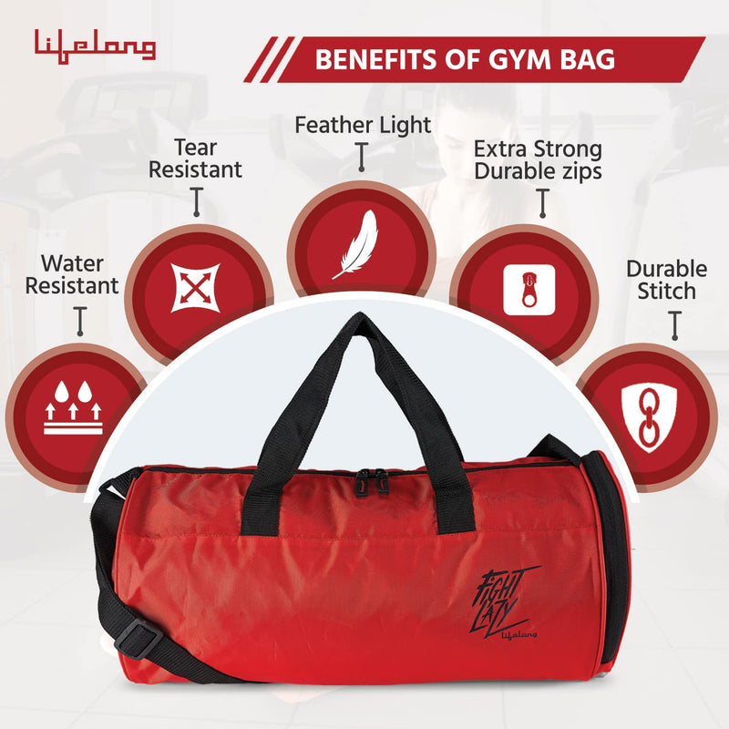 Lifelong LLGB01 Gym Bag|Unisex Gym Bags|Adjustable Shoulder Bag for Men|Duffle Gym Bags for Men|Carry Gym Accessories|Fitness Bag|Sports &Travel Bag|Gym kit Bag (Red, 6 Months Warranty)