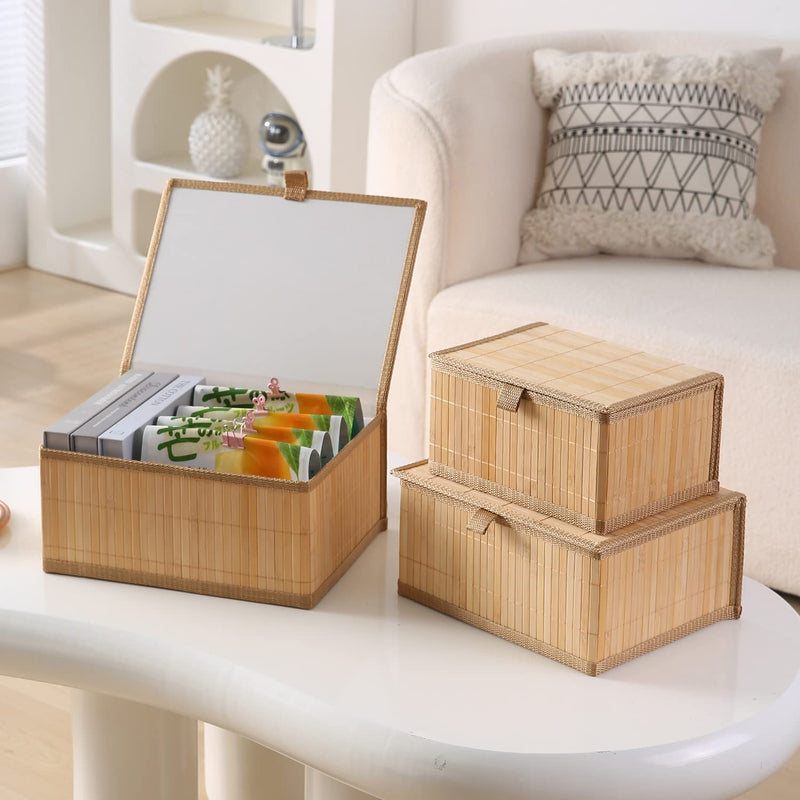 HomeStorie Eco-Friendly Bamboo Storage Boxes with Lid, Brown, Large+Medium+Small, Rectangle, Set of 3 (AR2163)