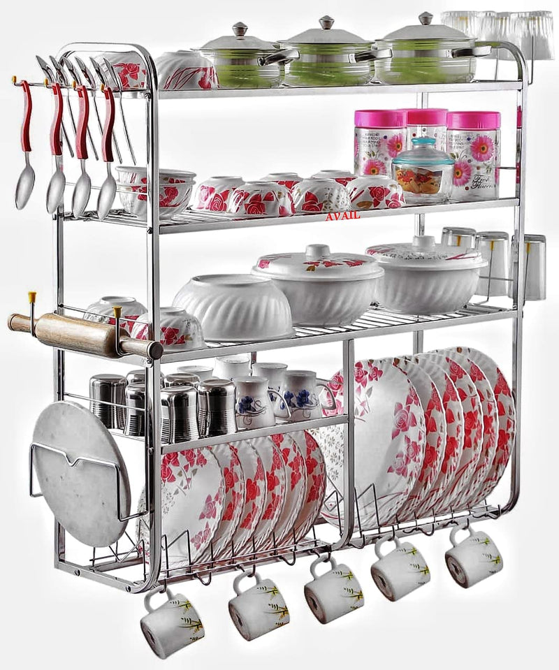 AVAIL Stainless Steel 5 Shelf Wall Mount Kitchen Racks | Dish Rack with Cutlery and Plate Kitchen Stand | Modular Kitchen Stand (31X30 Inches)