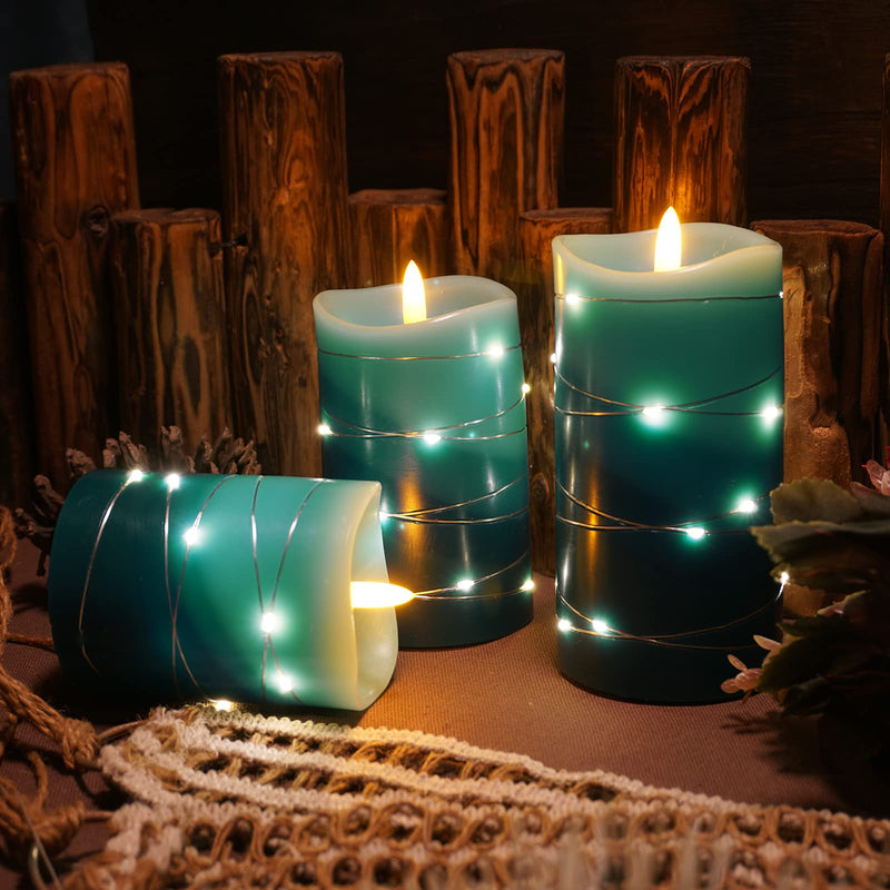 Xinhidar Flameless Candle is Rechargeable, Equipped with Embedded String Lights, 3 LED Candles, 11 Key Remote Control, 24-Hour Timer Function, pulsating Flame, Real Wax. (Ocean Blue)